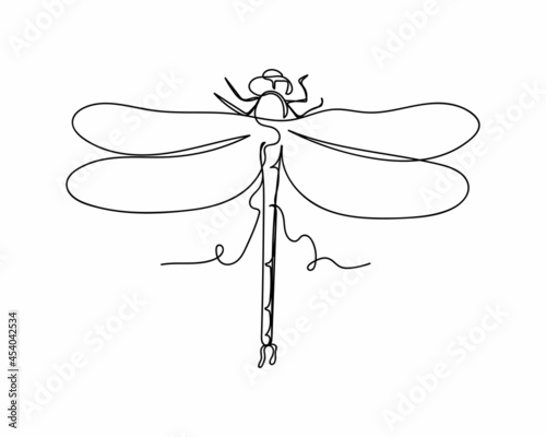 Continuous one line drawing of logo dragonfly ​icon in silhouette on a white background. Linear stylized