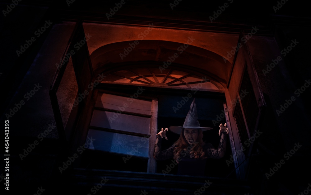 Fototapeta premium Scary halloween witch standing in old ancient window castle, Halloween mystery concept