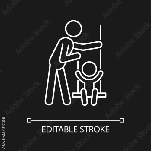 Playing on swings white linear icon for dark theme. Outdoor play with child. Motor skills develop. Thin line customizable illustration. Isolated vector contour symbol for night mode. Editable stroke