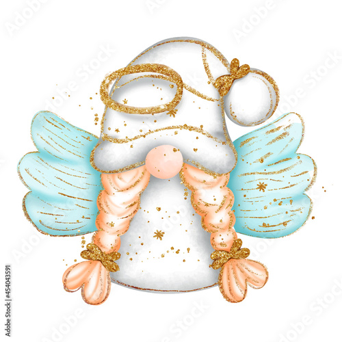 Digital paint watercolor angel gnome isolated on white background. Cute gnome with wings and glitter, greeting card. 