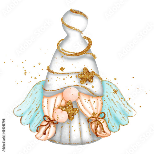 Digital paint watercolor angel gnome isolated on white background. Cute gnome with wings and glitter, greeting card. 