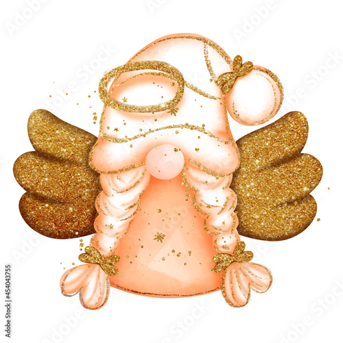 Digital paint watercolor angel gnome isolated on white background. Cute gnome with wings and glitter, greeting card. 