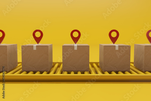 Cardboard boxes on conveyor belt on yellow background. Logistics, delivery and online order tracking concept. Minimal composition. 3d rendering
