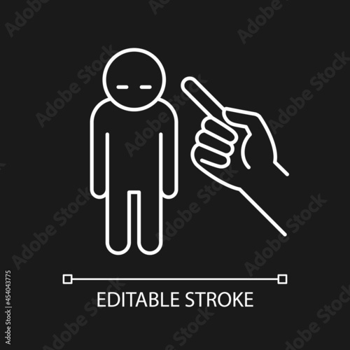 Punishment gesture white linear icon for dark theme. Respond to child bad behavior. Kid misbehavior. Thin line customizable illustration. Isolated vector contour symbol for night mode. Editable stroke