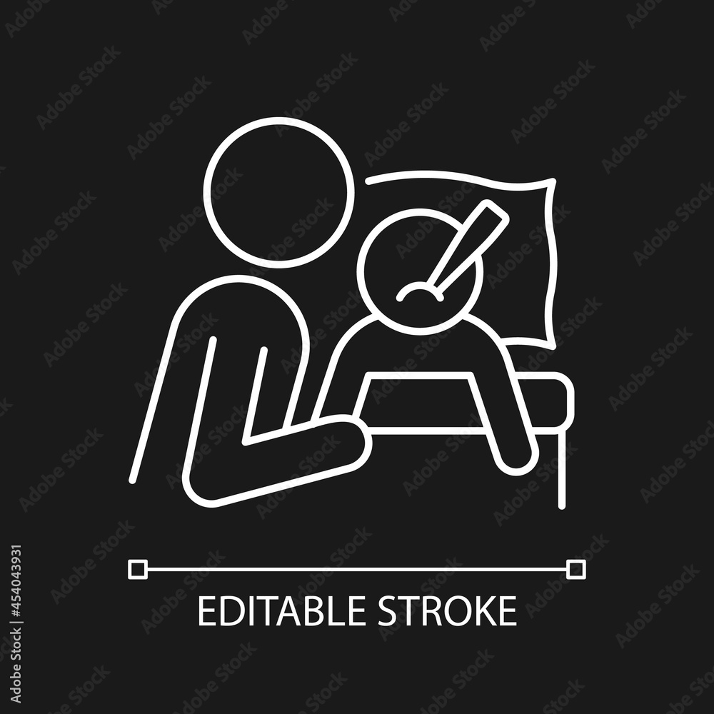 Taking care of ill child white linear icon for dark theme. Building deep emotional bond. Thin line customizable illustration. Isolated vector contour symbol for night mode. Editable stroke Taking care of ill child white linear icon for dark theme. Building deep emotional bond. Thin line customizable illustration. Isolated vector contour symbol for night mode. Editable stroke