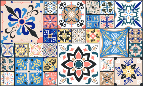 Talavera pattern. Indian patchwork. Azulejos portugal. Turkish ornament. Moroccan tile mosaic. Ceramic tableware, folk print. Spanish pottery. Ethnic background. Mediterranean seamless wallpaper.