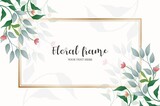 Floral frame. Gold frame with flowers and leaves. Wedding invitation. Card