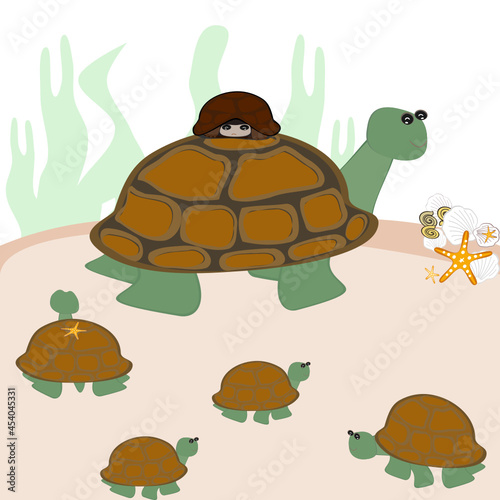 Turtle Cartoon mother and child Animal Wildlife Vector Illustration