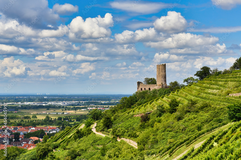 View on Odenwald fores hill with German castle ruin and restaurant called Strahlenburg in Schriesheim city
