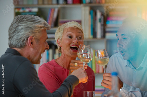 Older friends toasting each other with white wine