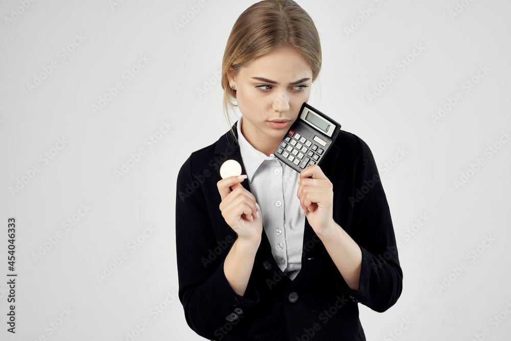 Businesswoman Bitcoin cryptocurrency in hands light background Businesswoman Bitcoin cryptocurrency in hands light background