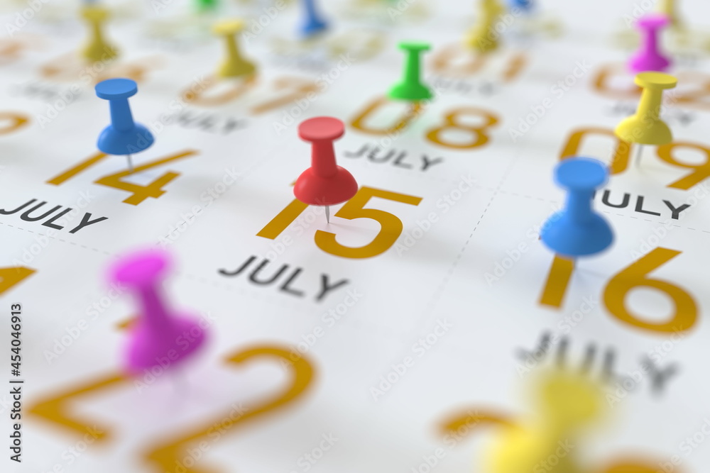 July 15 date and push pin on a calendar, 3D rendering July 15 date and push pin on a calendar, 3D rendering