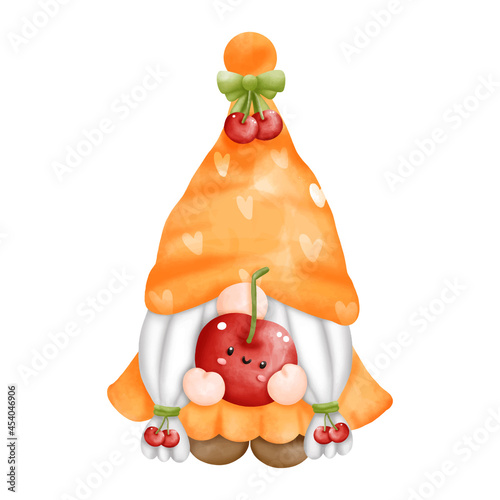 Digital paint watercolor fruits gnomes isolated on white background. Cute gnome summer season greeting card. 