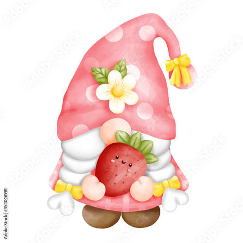 Digital paint watercolor fruits gnomes isolated on white background. Cute gnome summer season greeting card. 