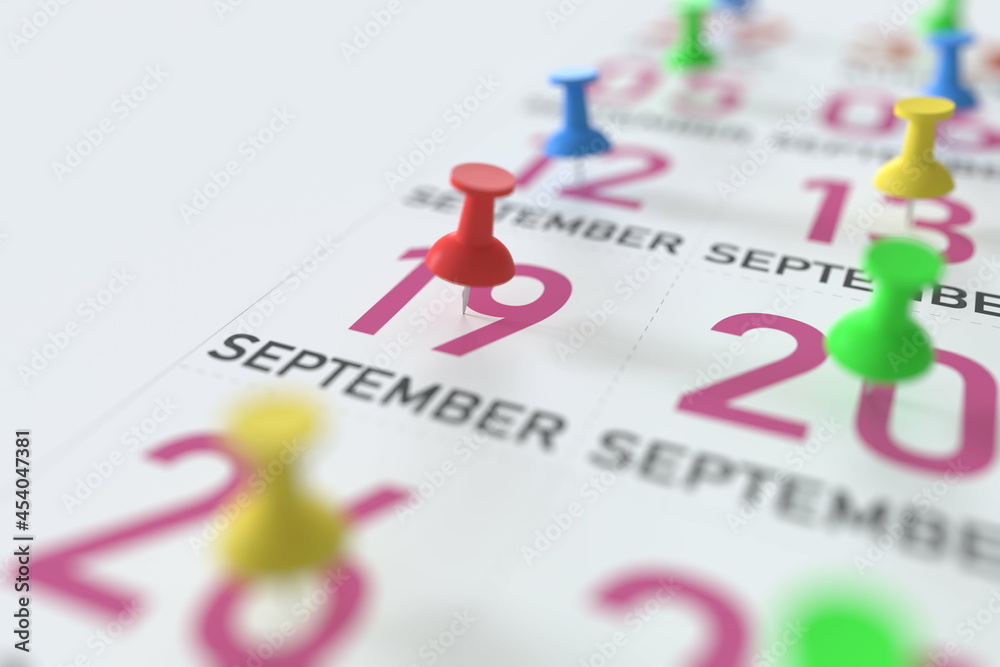 September 19 date and push pin on a calendar, 3D rendering September 19 date and push pin on a calendar, 3D rendering
