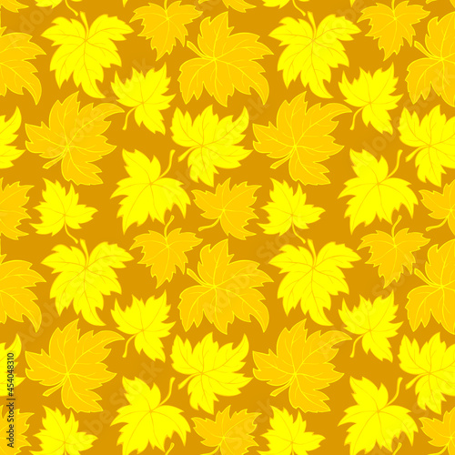 Vector bright seamless pattern with falling yellow and orange leaves in flat style. Autumn backgrounds and textures