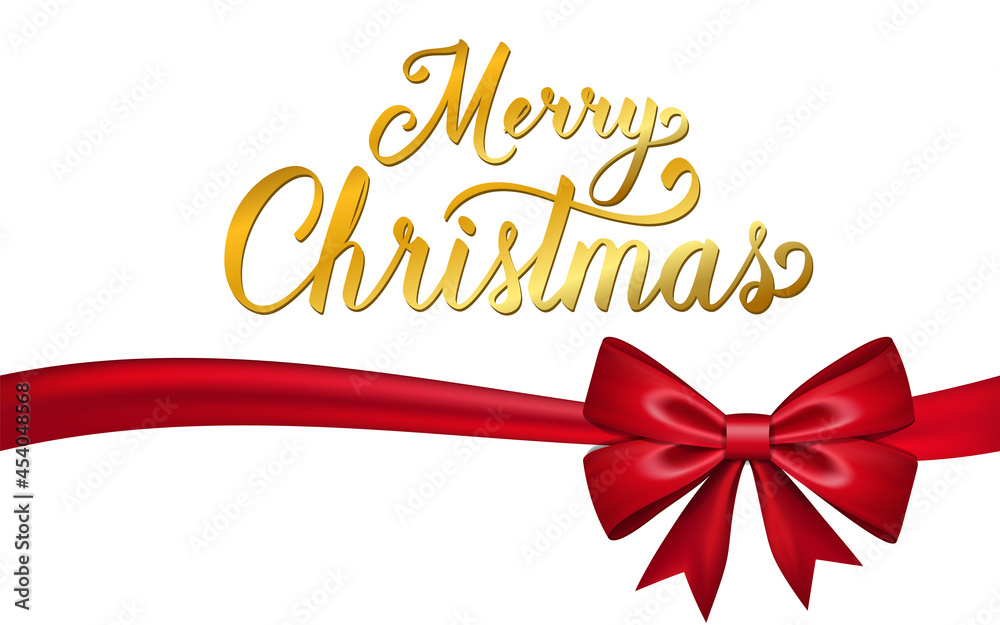 Merry Christmas background. Gold elegant calligraphic lettering isolated on white. Bright golden text. Realistic 3D red ribbon bow. Decoration Christmas and Happy New Year holiday Vector illustration Merry Christmas background. Gold elegant calligraphic lettering isolated on white. Bright golden text. Realistic 3D red ribbon bow. Decoration Christmas and Happy New Year holiday Vector illustration