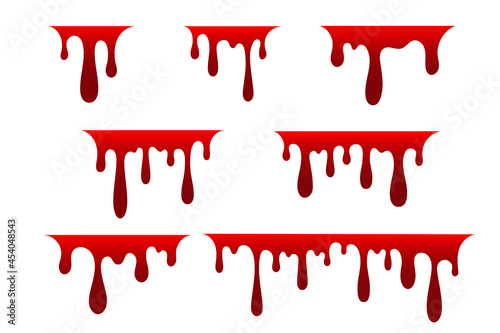 Blood drip cartoon set. Halloween bloodstain isolated white background. Splatter stain. Horror drop flow. Red scare ink. Blot texture. Colorful splash. Stream bleed. Flowing liquid Vector illustration