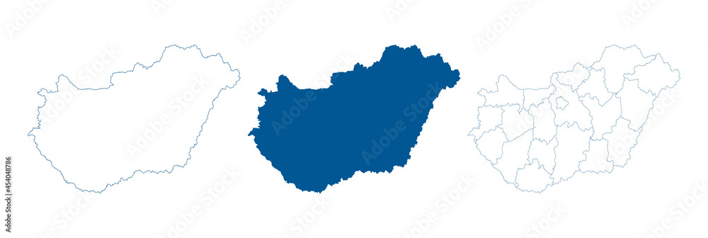 Hungary map vector. High detailed vector outline, blue silhouette and administrative divisions map of Hungary. All isolated on white background. Template for website, design. Vector illustration