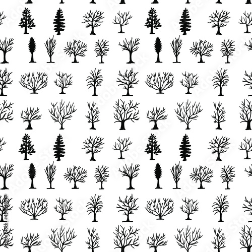 Vector pattern set of simple doodle trees. Drawing different trees and bushes.