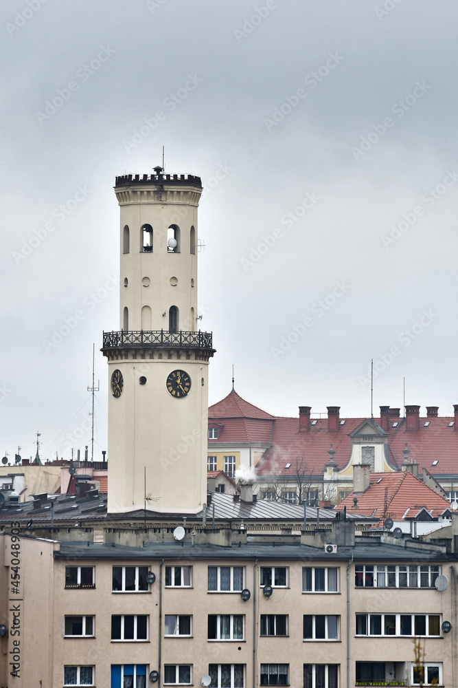 Obraz premium Bystrzyca Klodzka, town hall tower dominates the roofs of the buildings in the city center.