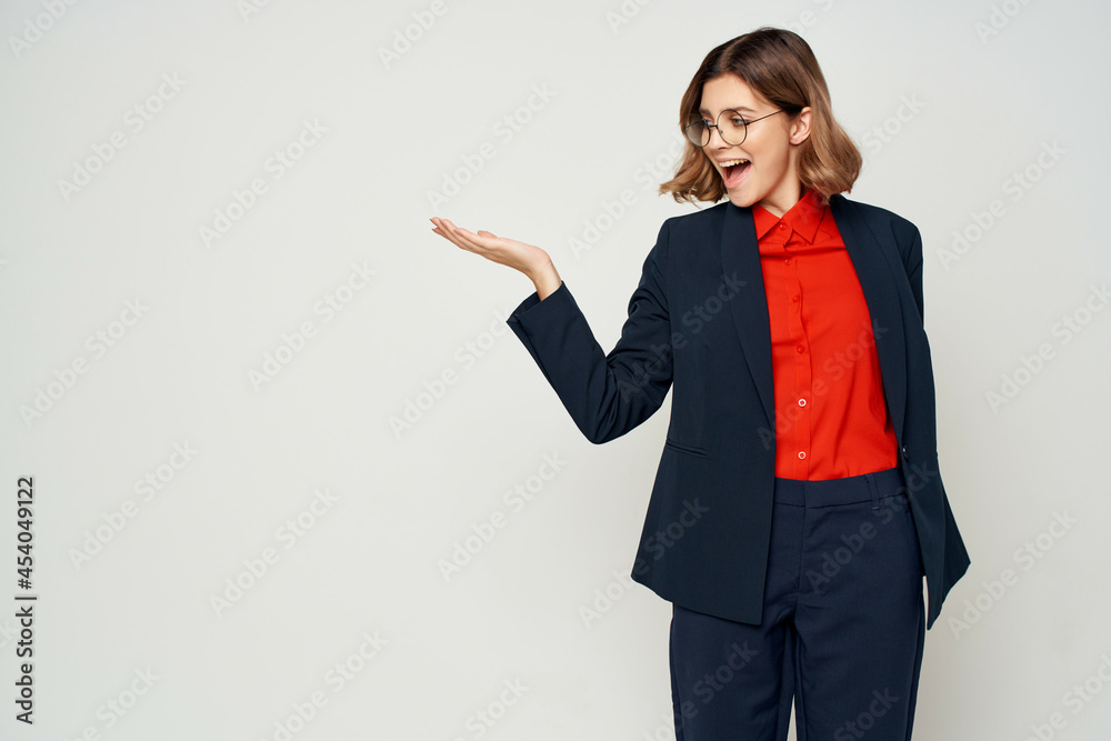 Business woman in suit gesturing with hands emotions work manager close-up Business woman in suit gesturing with hands emotions work manager close-up