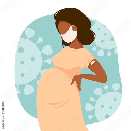 Vaccinated dark skinned pregnant woman. The concept of vaccination, health, the spread of the vaccine, healthcare, call of fight against coronavirus. Colorful vector illustration in flat style.	