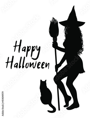 Silhouette of Halloween witch with black cat and lettering Happy Halloween. Halloween vector design.