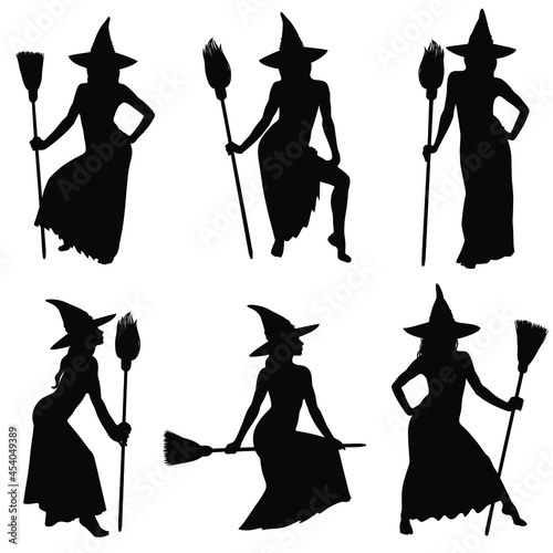 Set of vector silhouettes of Halloween witches standing and flying on broomstick. Collection of beautiful sexy witches vector icons for Halloween design.