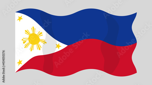 Detailed flat vector illustration of a flying flag of Philippines on a light background. Correct aspect ratio.