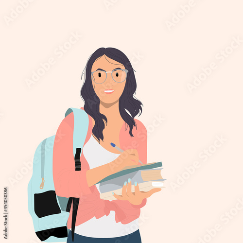 Young student caucasian woman isolated on biege background. Vector illustration.