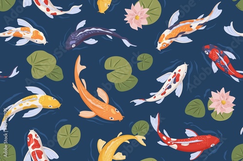 Seamless Japanese pattern with Asian koi fishes swimming in pond. Endless rep...
