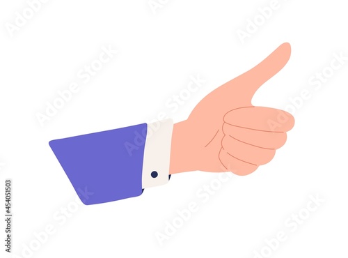 Hand of man gesturing thumb up, approving smth and expressing agreement. OK, Like and Yes sign. Good positive feedback. Concept of support. Flat vector illustration isolated on white background
