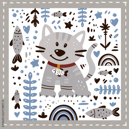 Cute illustration with a cat, fishes and rainbows drawn by hand. Floral ornament. Card with animals