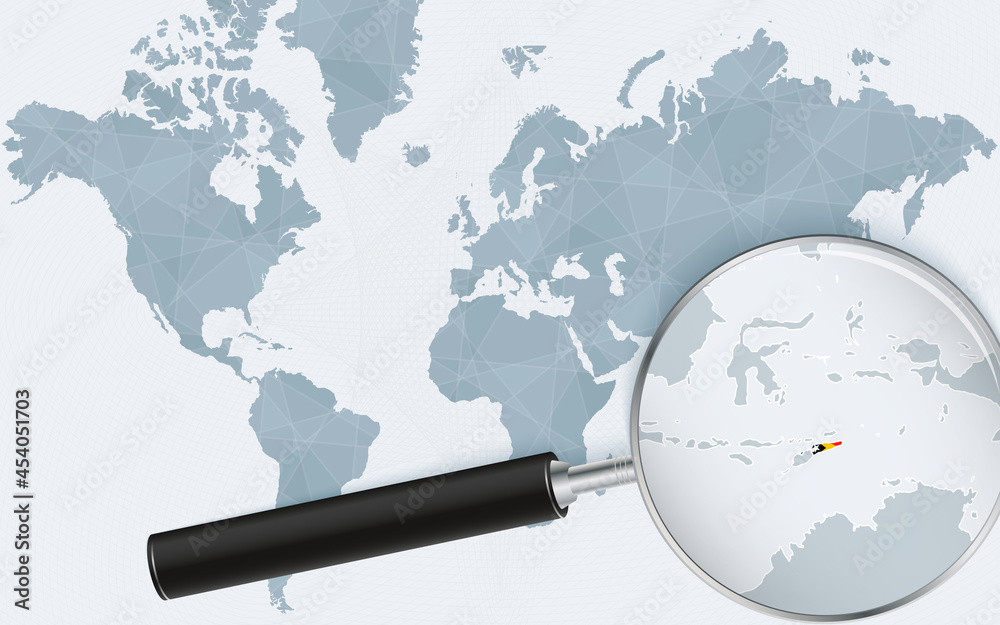 World map with a magnifying glass pointing at East Timor. Map of East Timor with the flag in the loop. World map with a magnifying glass pointing at East Timor. Map of East Timor with the flag in the loop.