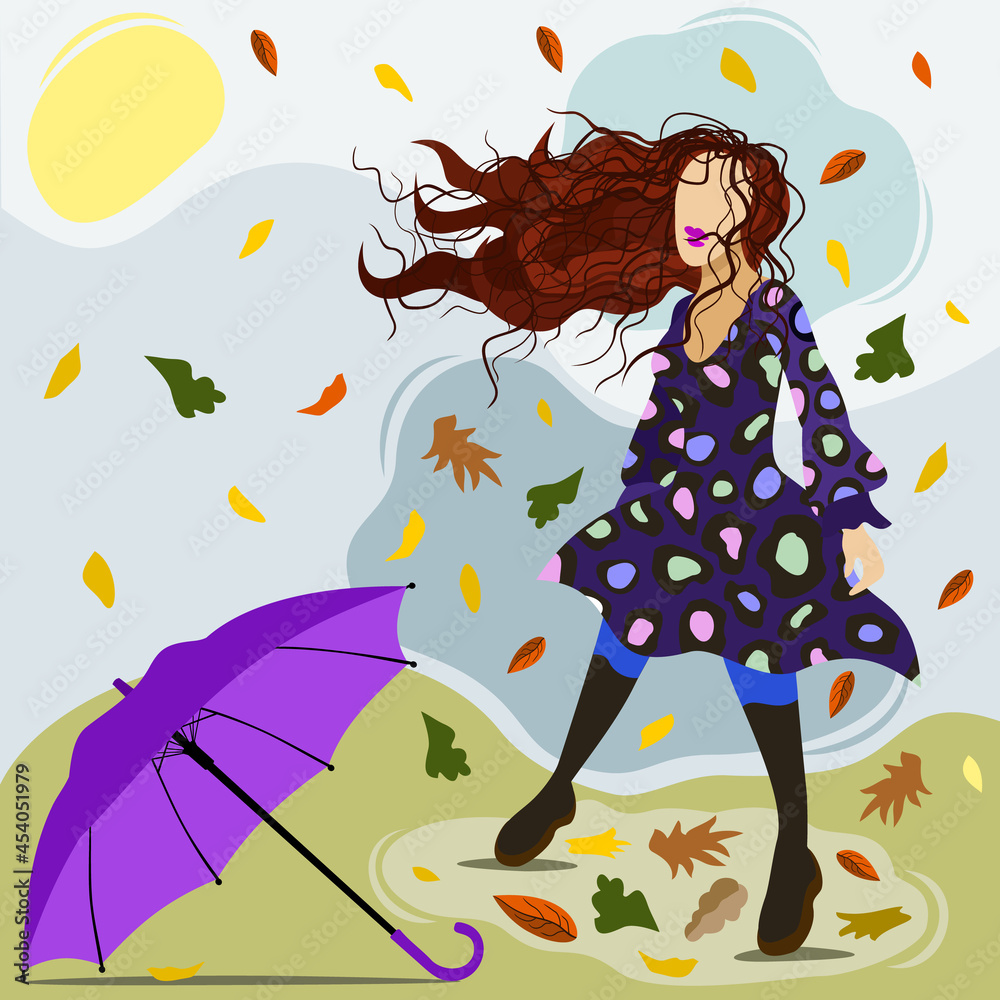 Vector isolated illustration of young long-haired woman walking outdoors in windy weather among autumn leaves. The wind tore the umbrella from her hands Vector isolated illustration of young long-haired woman walking outdoors in windy weather among autumn leaves. The wind tore the umbrella from her hands