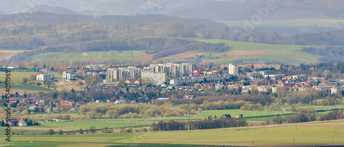 Panorama of the town of Klodzko with the Bardzkie Mountains in the background, view from a nearby hill.