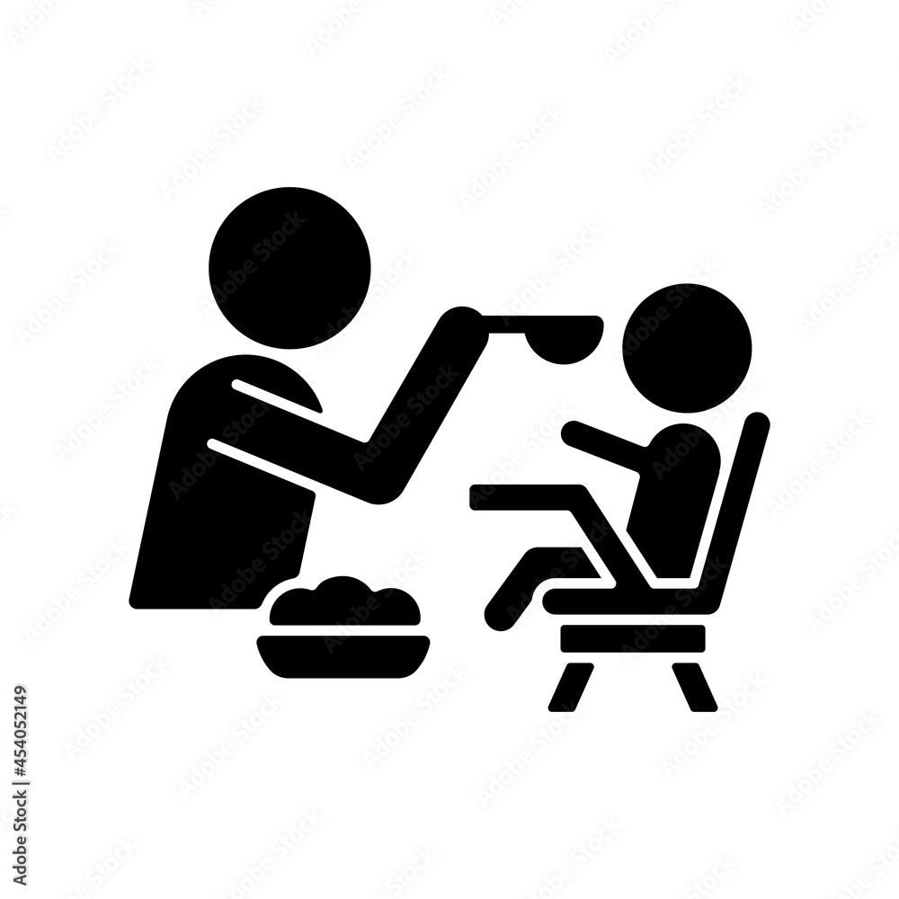 Feeding in highchair black glyph icon. Helping baby eating. Keeping toddler upright. Bonding with child during mealtime. Eating together. Silhouette symbol on white space. Vector isolated illustration Feeding in highchair black glyph icon. Helping baby eating. Keeping toddler upright. Bonding with child during mealtime. Eating together. Silhouette symbol on white space. Vector isolated illustration