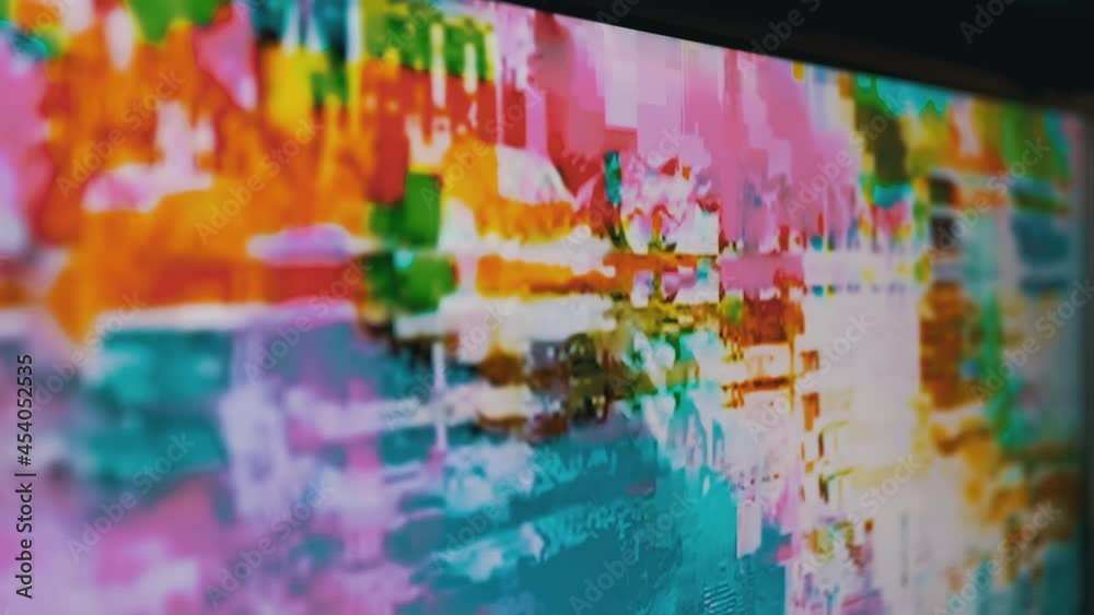Glitch Transitions, Color Digital Pixel Interference, Screen Distortion, No Signal. Failure of the digital image. Flickering stripes, Disappearing TV Signal. Glitch error, video Damage. 4K. Close up.