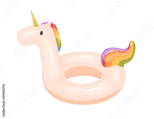 Inflatable water ring for swimming in summer pool and sea. Childish rubber floating toy in shape of cute fairytale horse animal with horn. Flat vector illustration isolated on white background