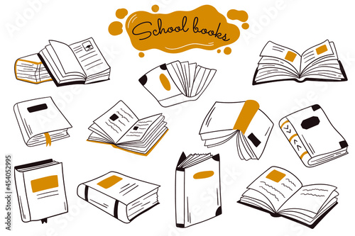 Book doodle illustration. Open books, stacks, sketch set. School or college students library book illustration collection.

