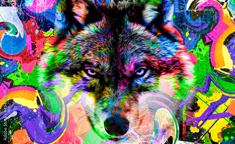 Wolf head with creative abstract colorful spots elements on white background