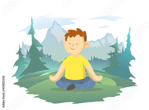 A boy meditates in the lotus position against the backdrop of a mountain landscape. Mindfulness , children's mental health, healthy lifestyle. Vector illustration.