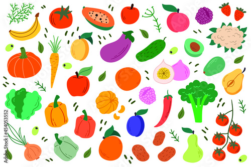 Vector set of fruits and vegetables. Healthy food 
