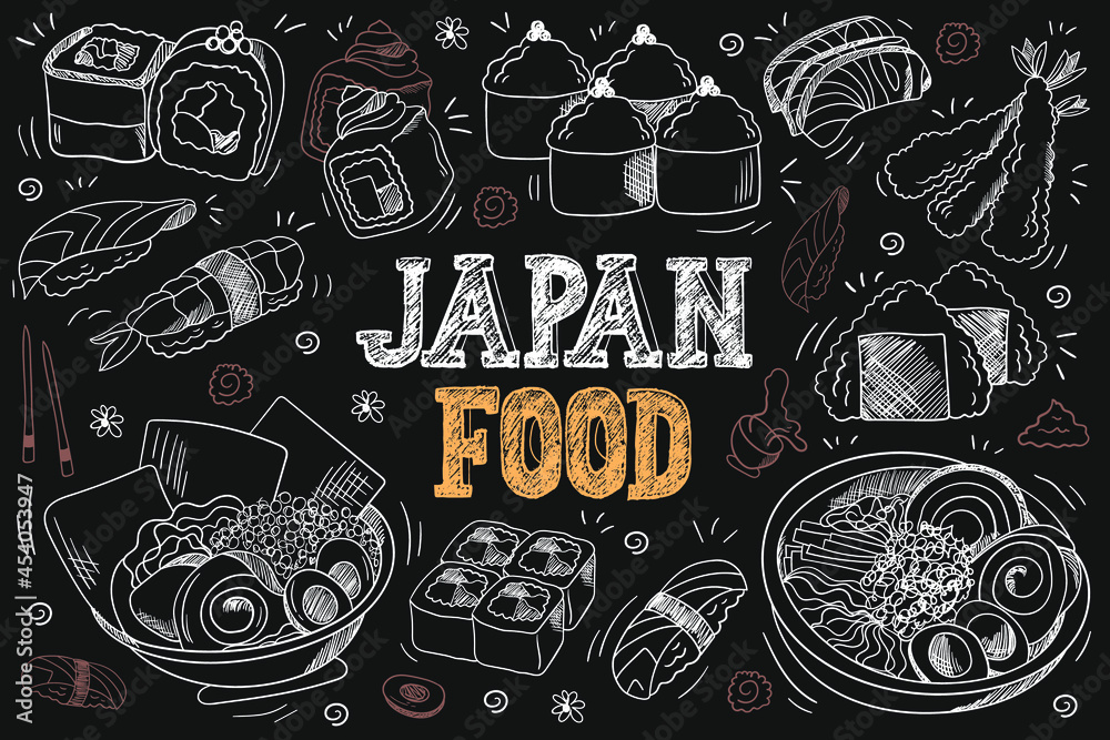 Hand drawn Japanese food on chalkboard. Sushi set. Various bowls with ramen. Sushi and rolls doodle set