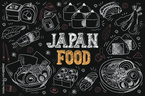 Hand drawn Japanese food on chalkboard. Sushi set. Various bowls with ramen. Sushi and rolls doodle set