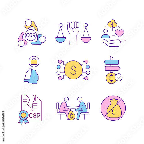 Corporate social responsibility related RGB color icons set. CSR violation and punishment. Corruption and bribery. Isolated vector illustrations. Simple filled line drawings collection