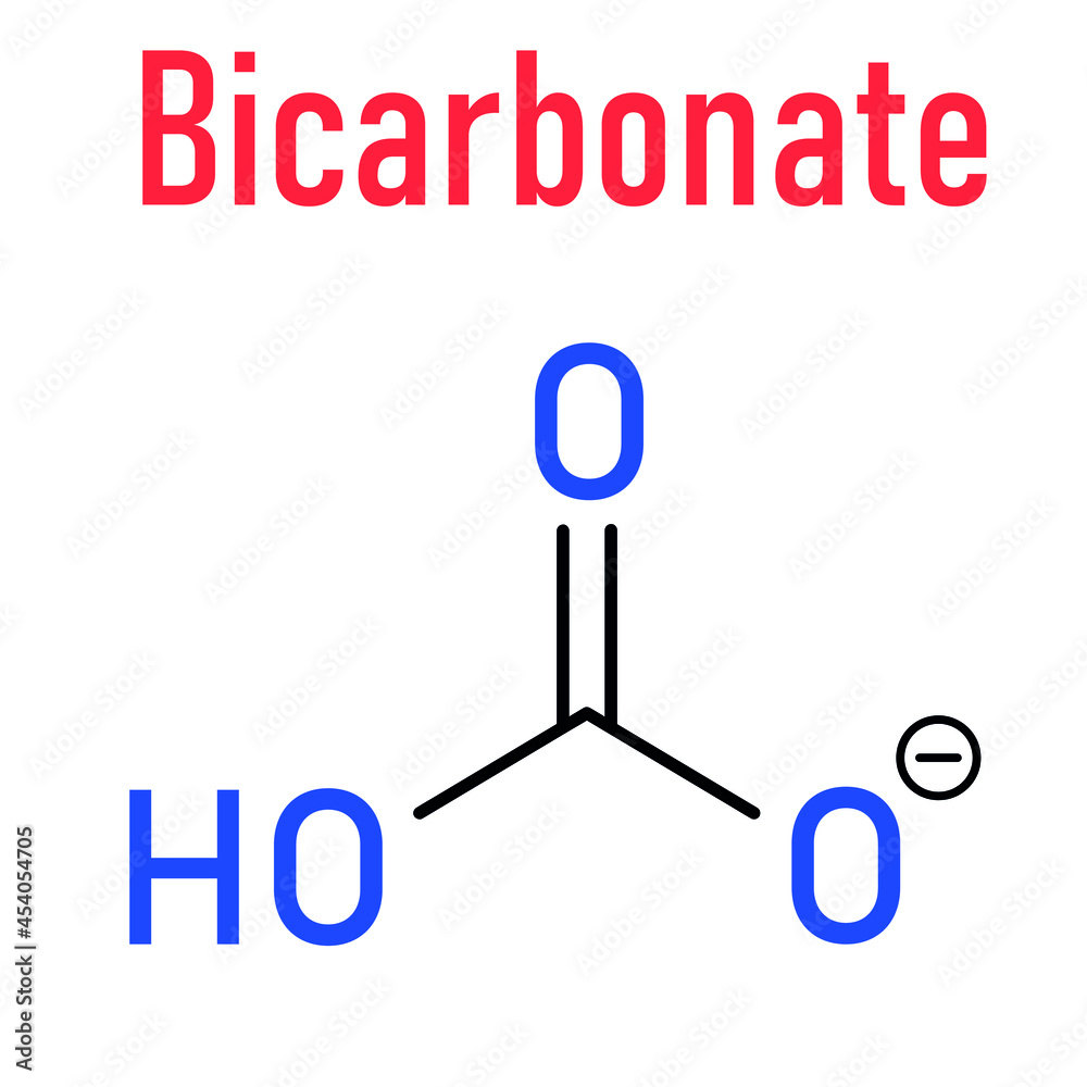 Bicarbonate anion skeletal formula, chemical structure. Common salts include sodium bicarbonate