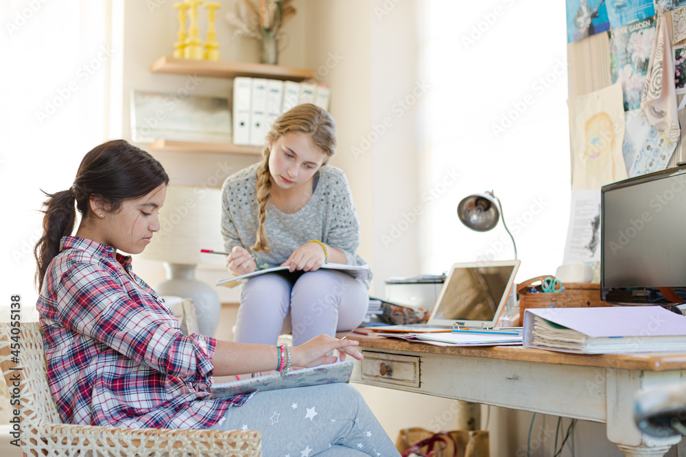 Obraz premium Two teenage girls doing homework in room