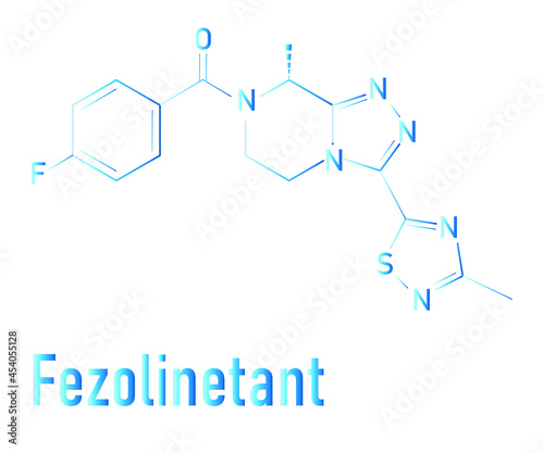 Fezolinetant drug molecule (NK3 receptor inhibitor) skeletal formula.